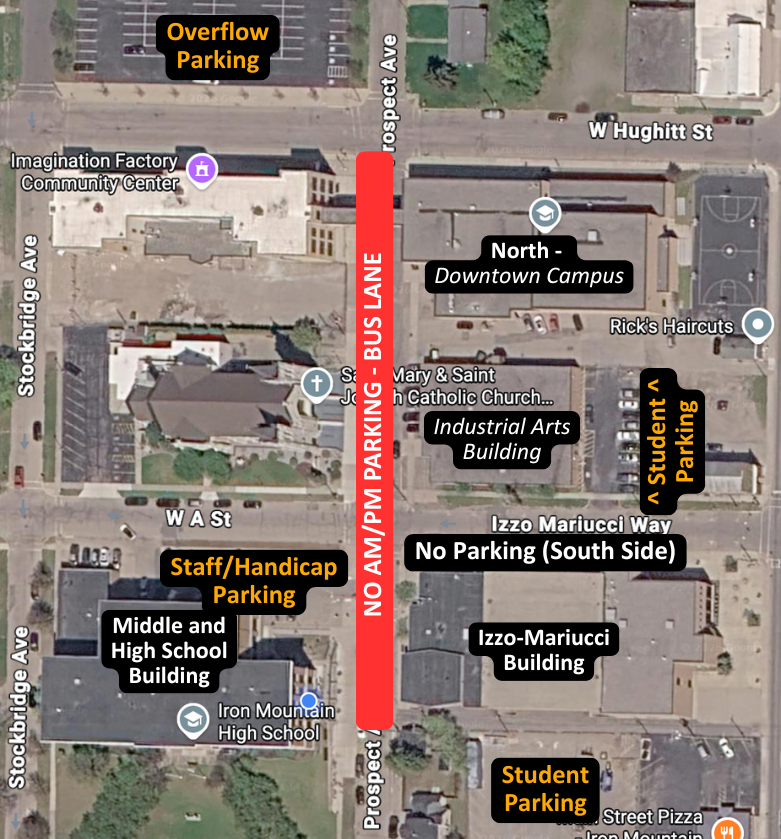 Downtown campus parking map showing student, staff, overflow parking, and the NO AM/PM PARKING bus lane.